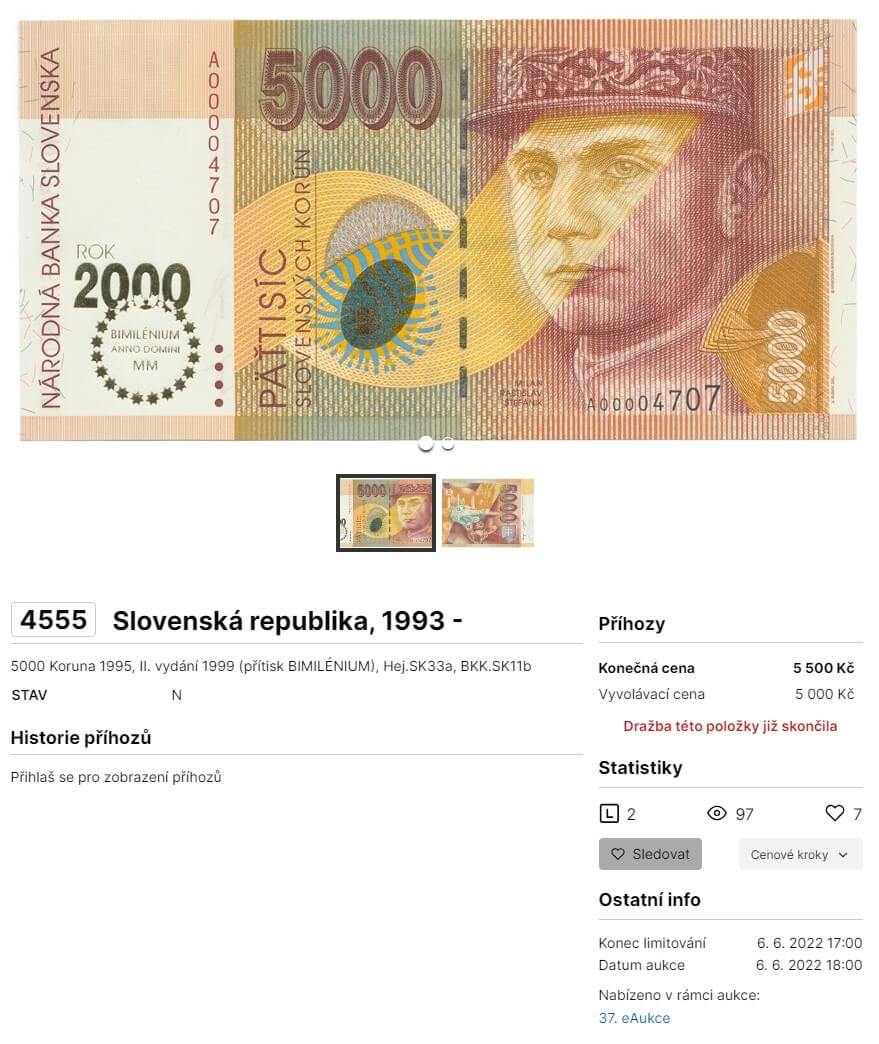 5000 Sk 1995 bimilenium - 5500 Kč